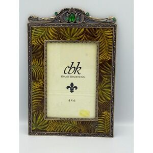 CBK Enamel Picture Frame Palm Leaf‎ Print Metal Gemstone NO GLASS Tropical Glam